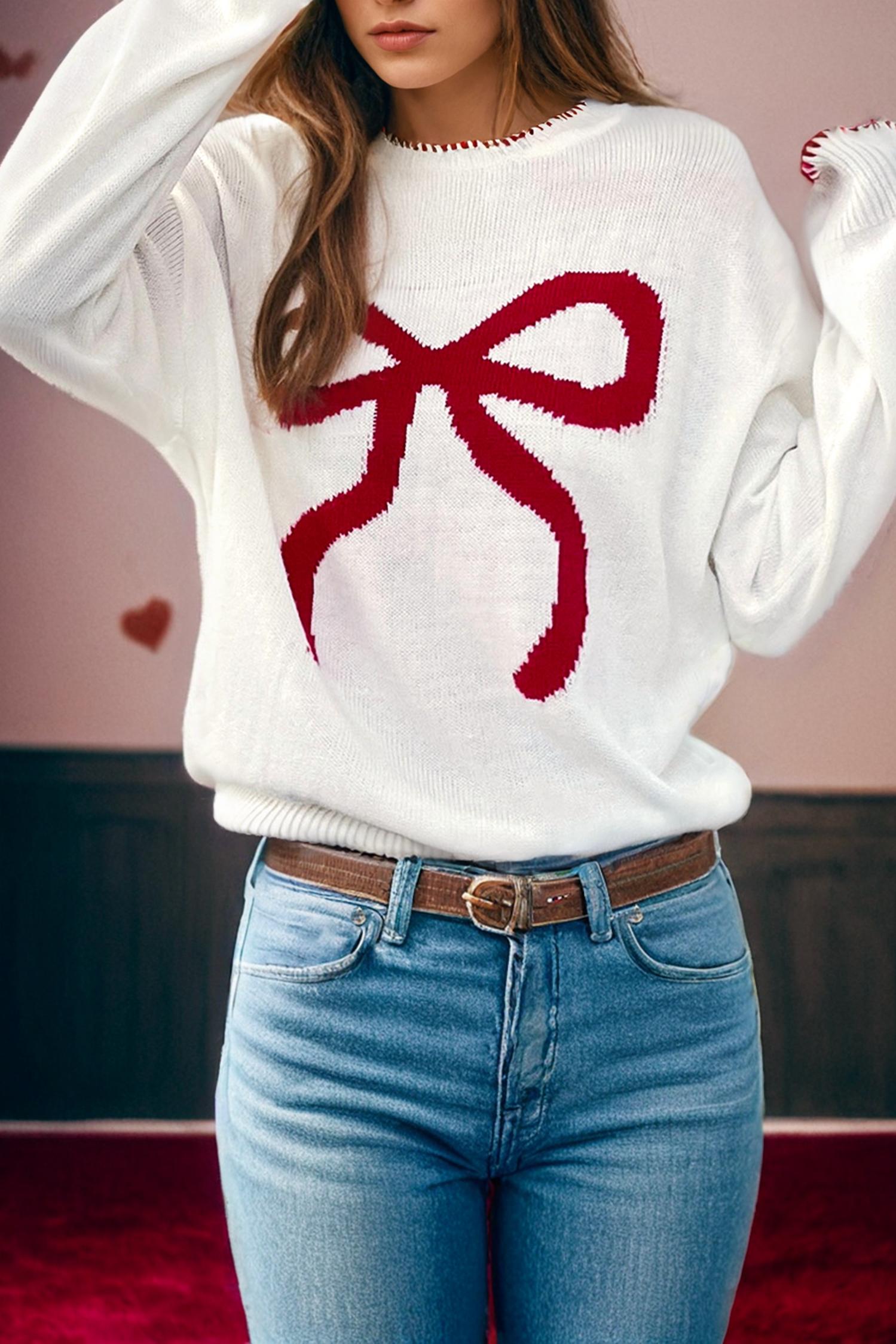 Fashionworks - Bow Pattern Contrast Trim Christmas Loose Sweater