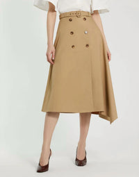 MAC DUGGAL Twill Midi Skirt With Buttons And Belt in taupe - women's skirt