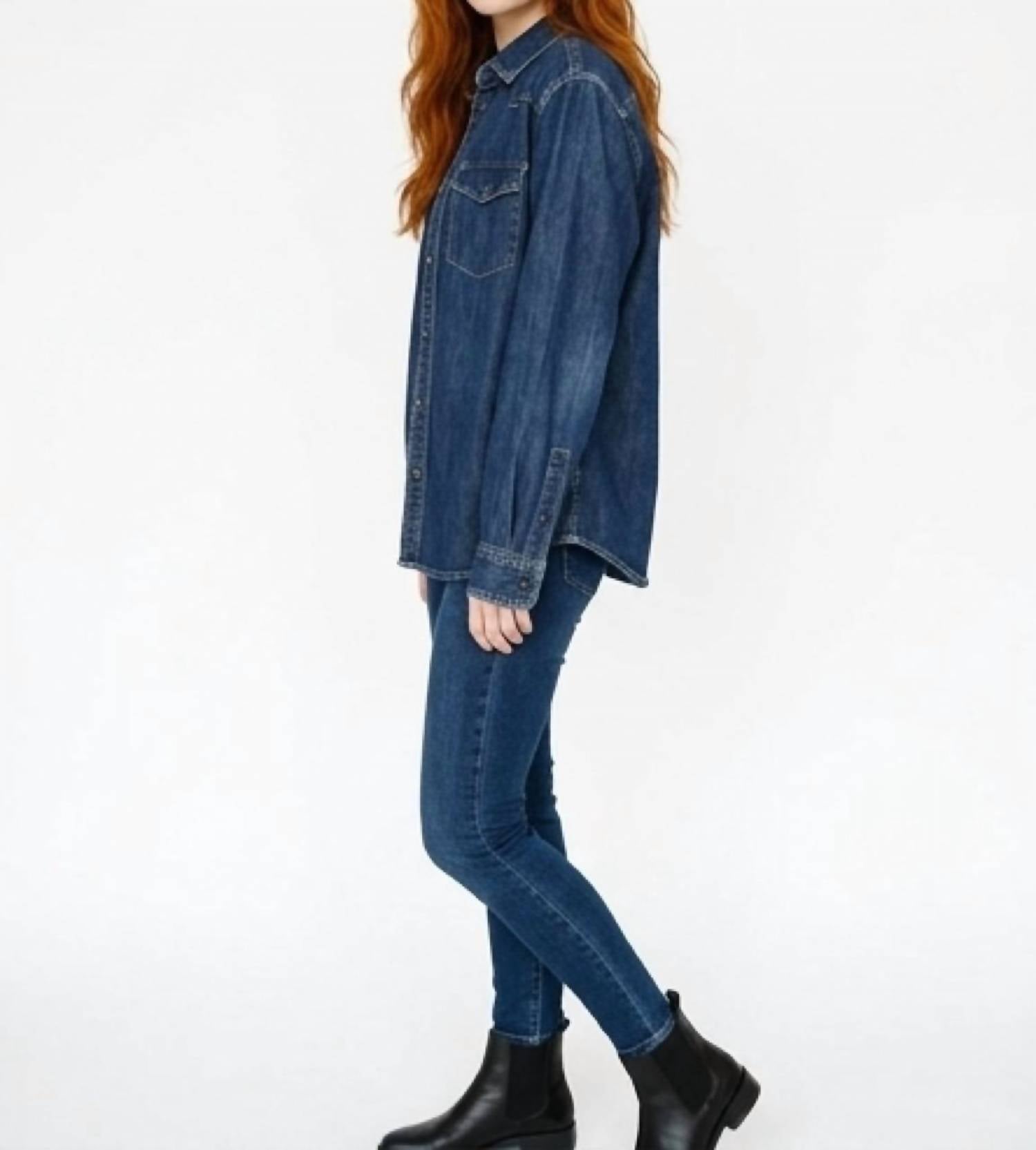 AE77 Classic Button Down in denim - women's long sleeve top - detail view