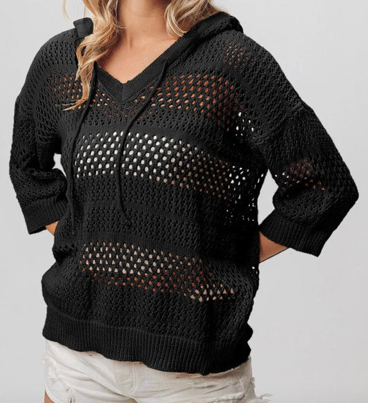 Bibi - Open Knit V-neck Hooded Lightweight Cover Up