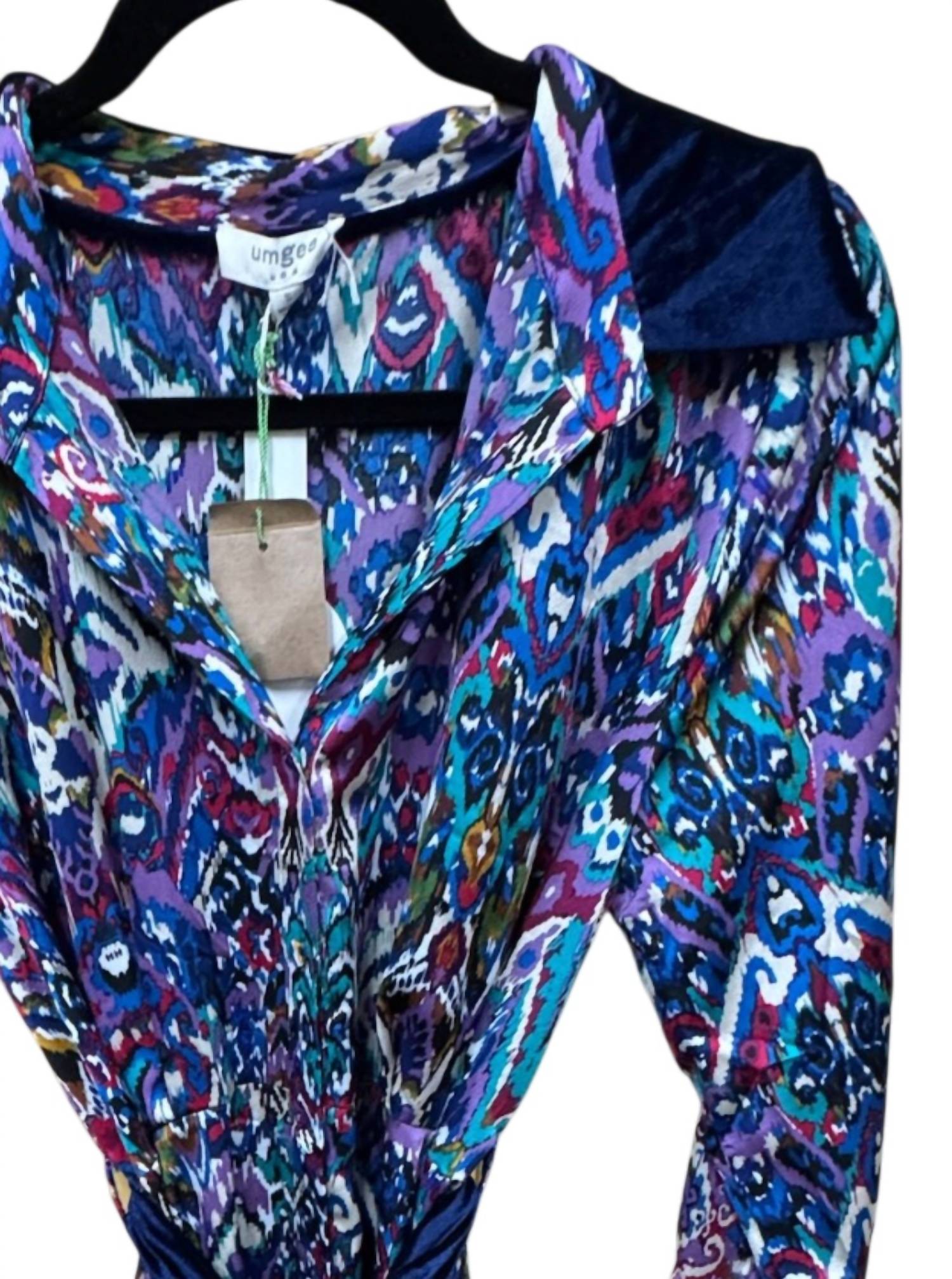 umgee Women's Satin Velvet Long Dress in multi print - women's dress - detail view
