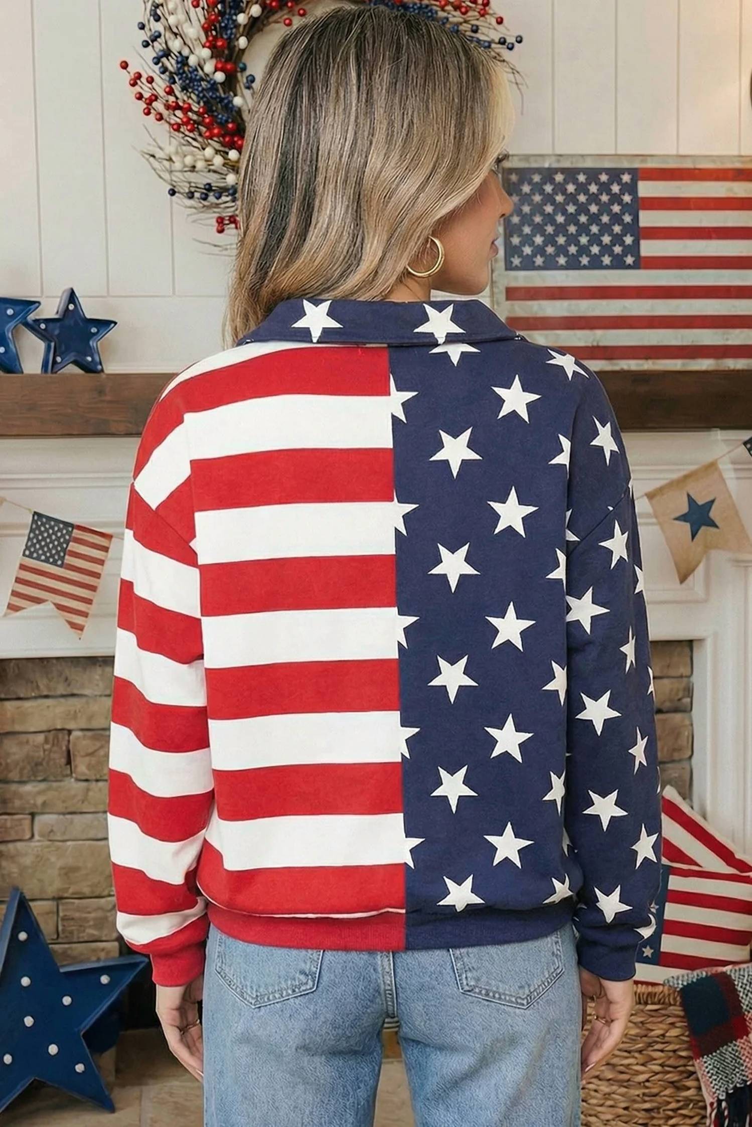 Shewin - American Zip Collar Pullover Top