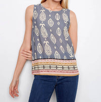 Charlie B - Border Print Sleeveless Keyhole Back Blouse
