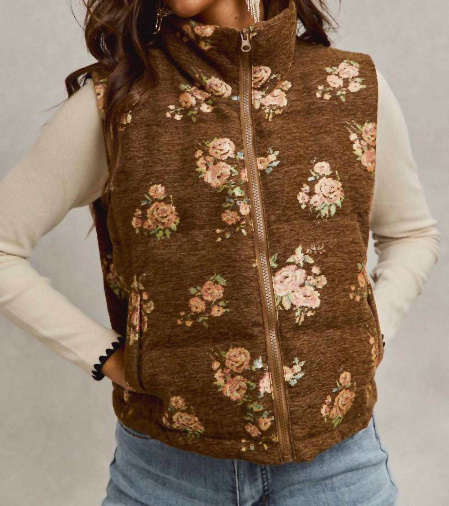 So Me Floral Jacquard Quilted Vest in brown - women's jacket - alternate view