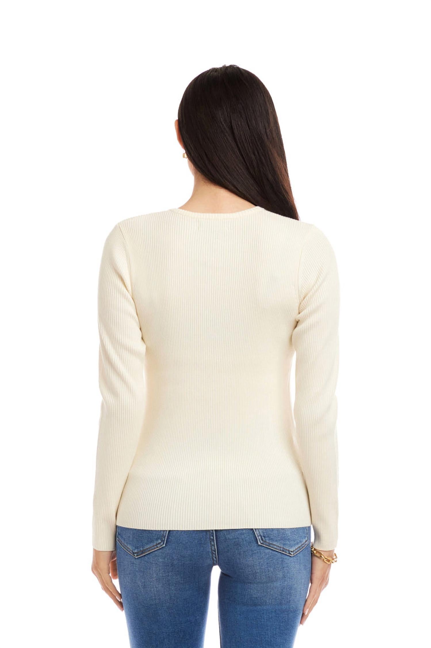 Karen Kane Henley Ribbed Crewneck Sweater in cream - women's sweater - detail view