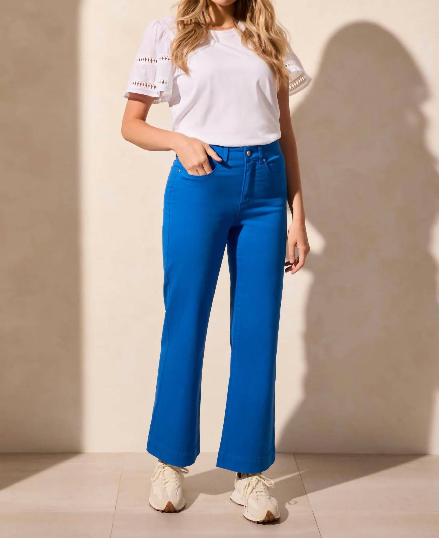 TRIBAL Fly Front Wide Leg Pants in riviera - women's pants - detail view