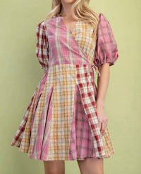 Gigio - Mixed Check Print Wrap Mini Dress