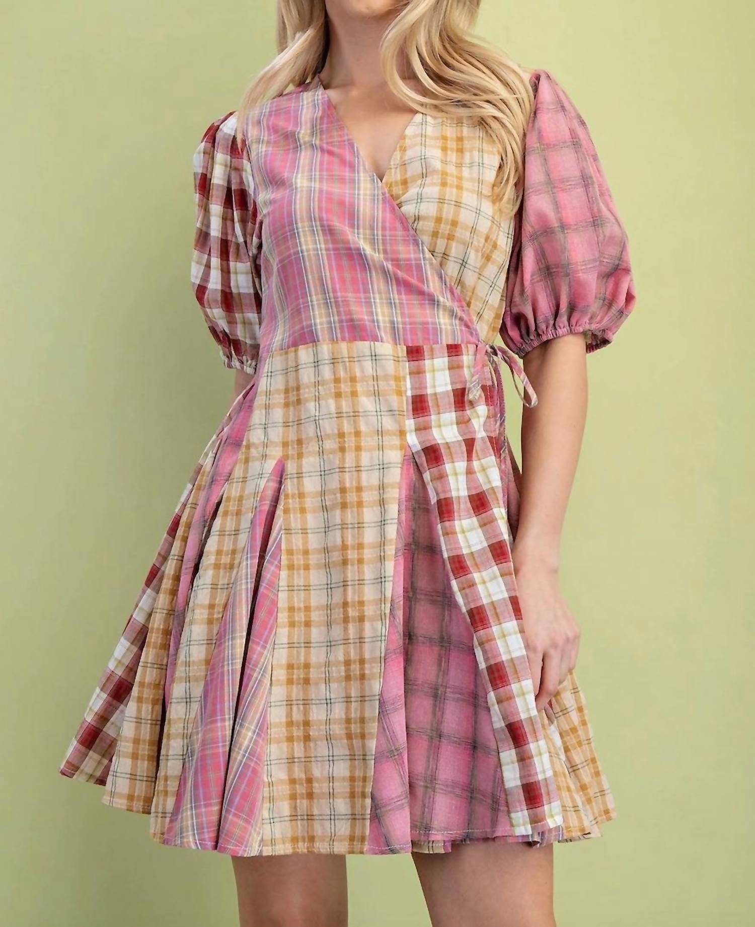 Gigio - Mixed Check Print Wrap Mini Dress