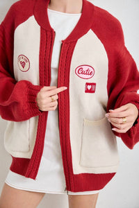 Baevely by Wellmade Cutie Patch Zip-Up Knit Sweater in cream red - women's cardigan - view 4
