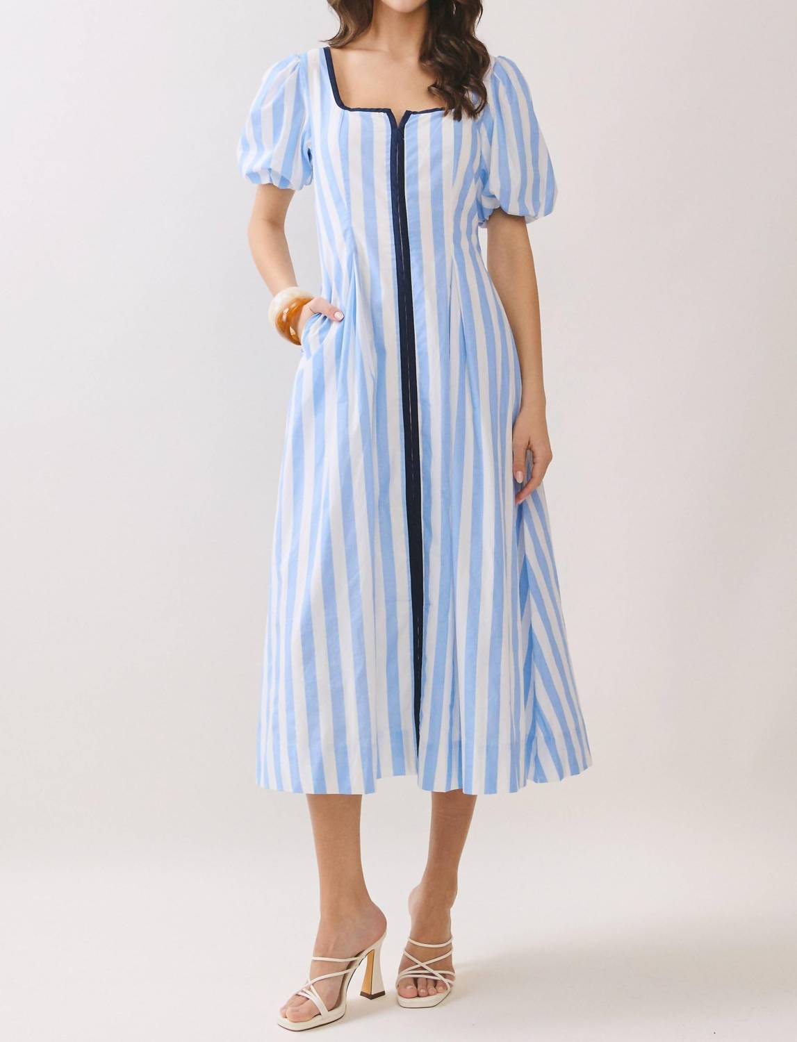 Tcec - Striped Square Neck Midi Dress With Contrast Piping