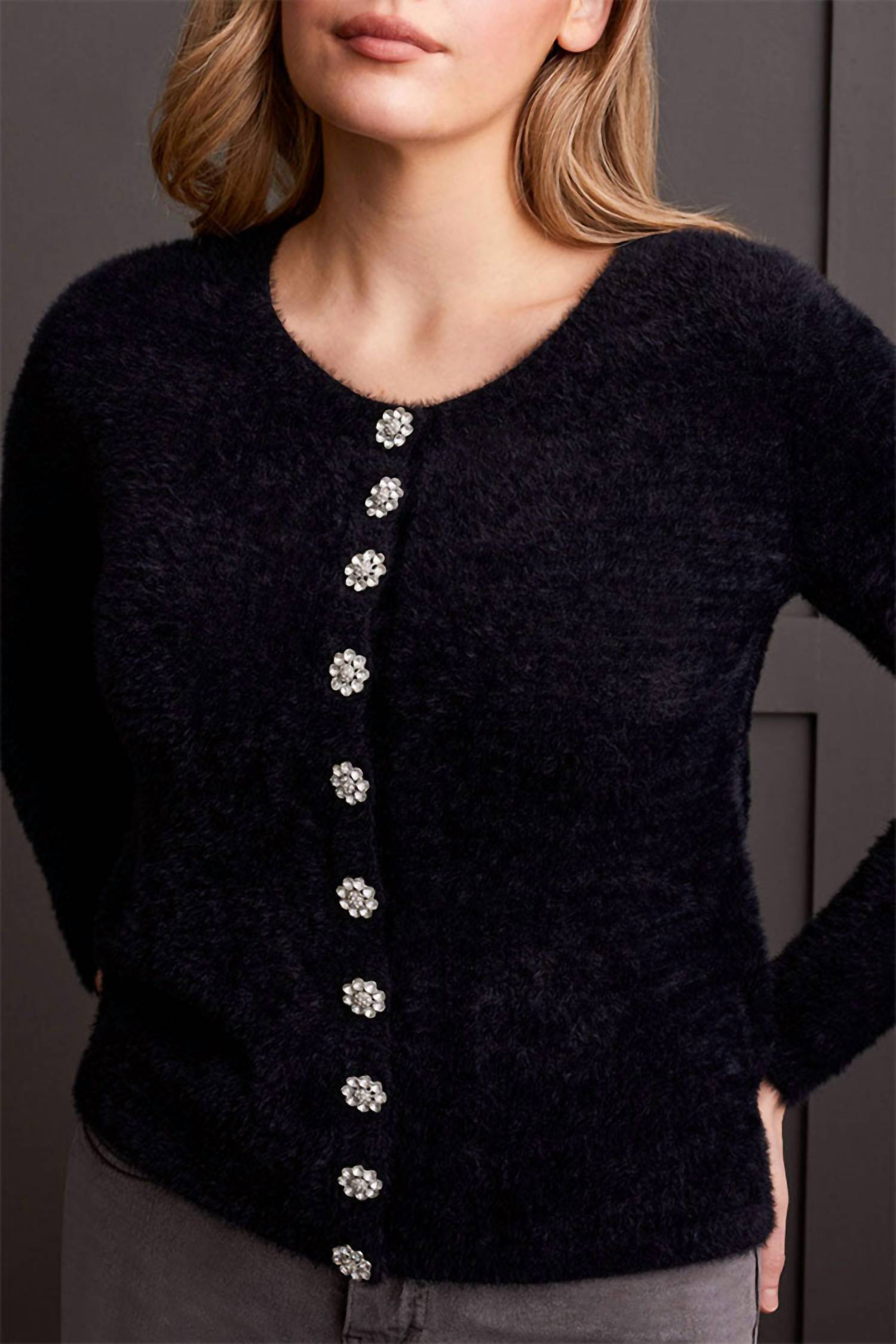 Tribal - Crystal Button Fluffy Knit Cardigan