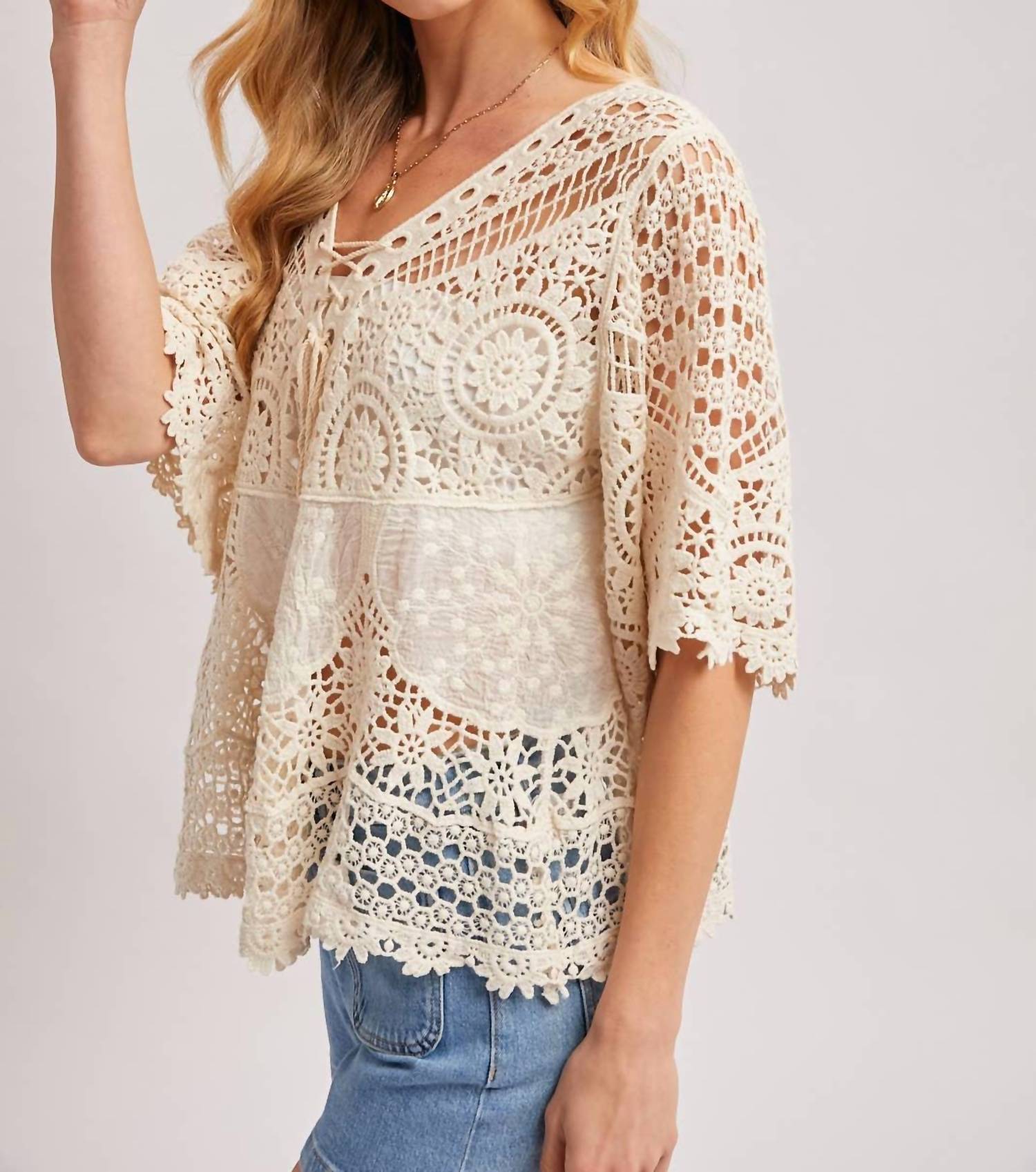 Bluivy - Boho Sheer Crochet Lace Top With Tassels