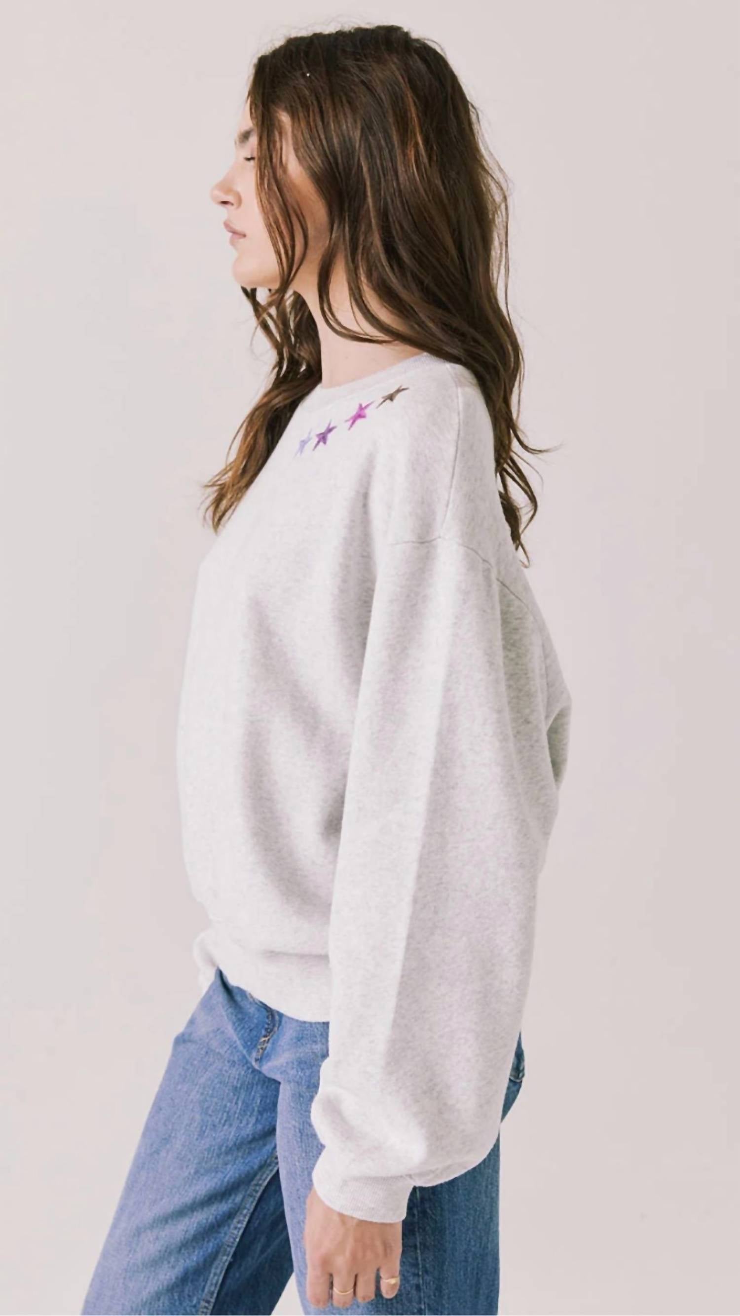 Chaser Star Chainstitch Sweatshirt in light heather grey - women's top - detail view