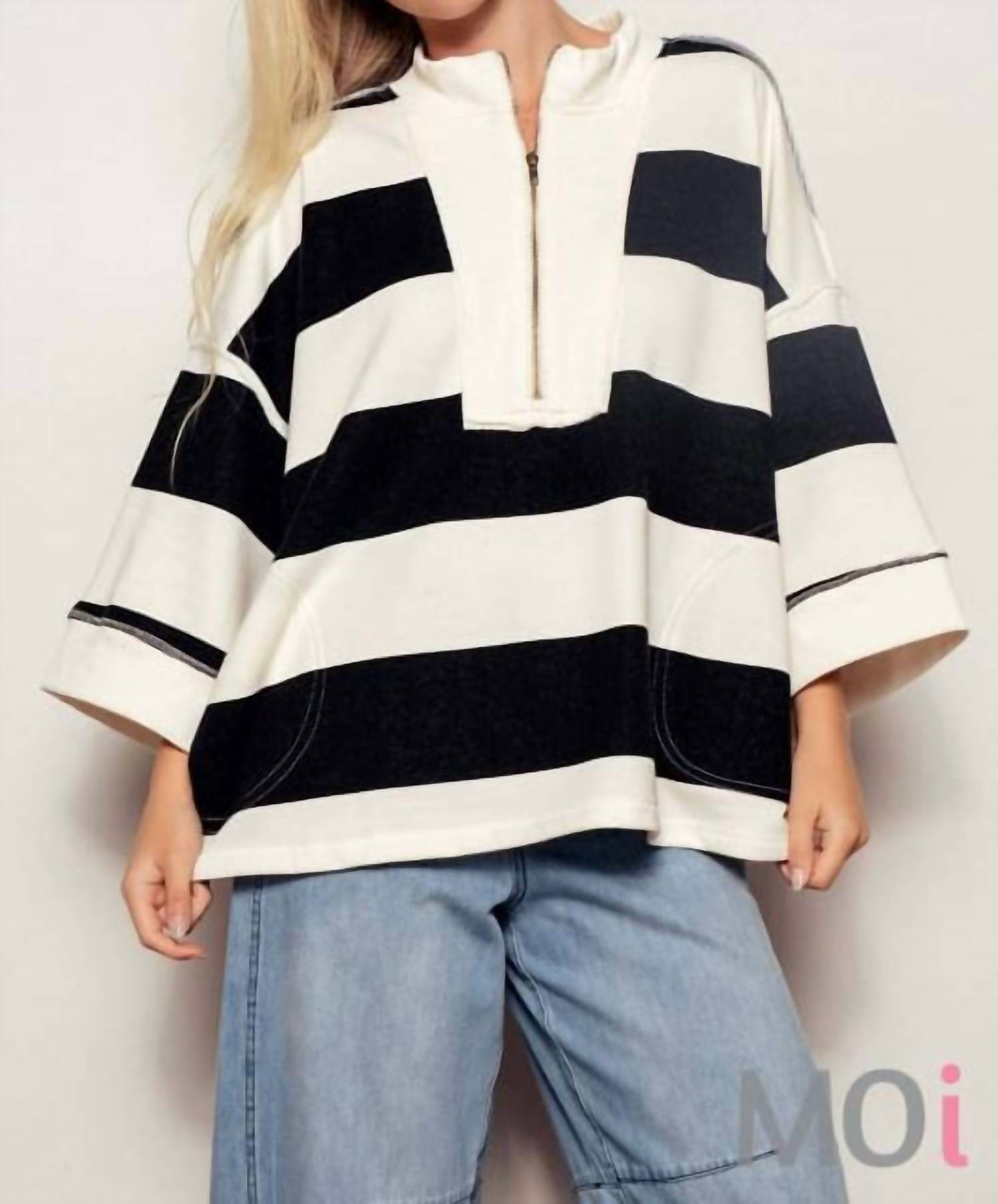 Urban Daizy - Oversized Half Zip Bold Stripe Statement Pullover Sweatshirt