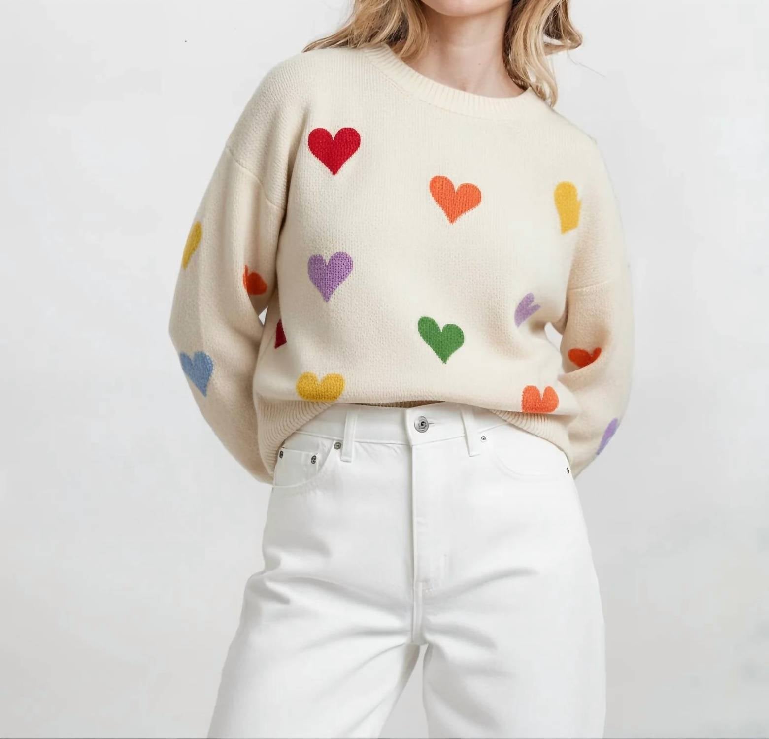Mello - Heart Shaped Patterns Front Round Neck Sweater