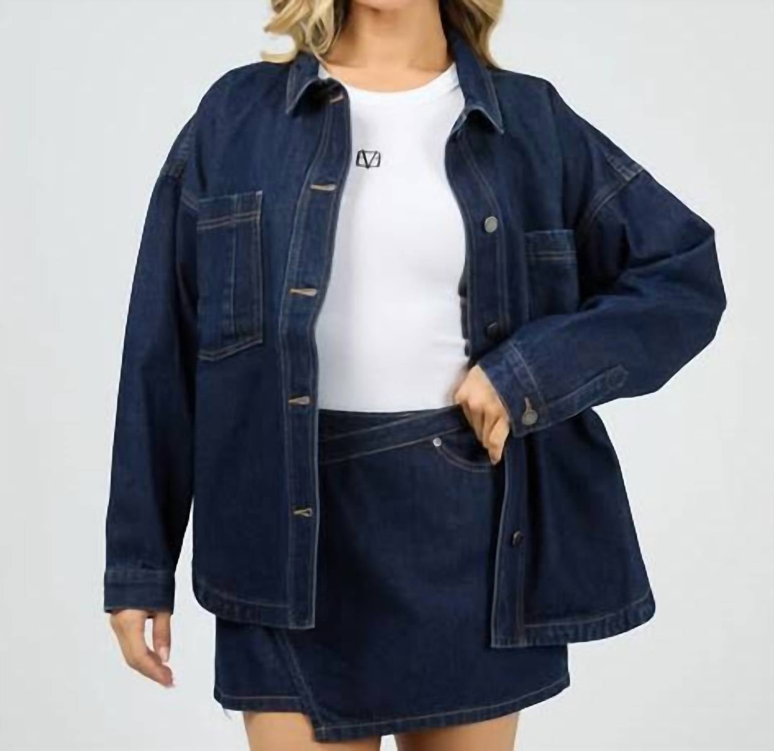 mica denim Washed Hi-low Shacket in dark wash - women's jacket