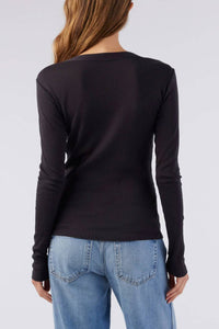 AMO Women's Sweets Henley Long Sleeve Tee in vintage black - women's long sleeve top - detail view