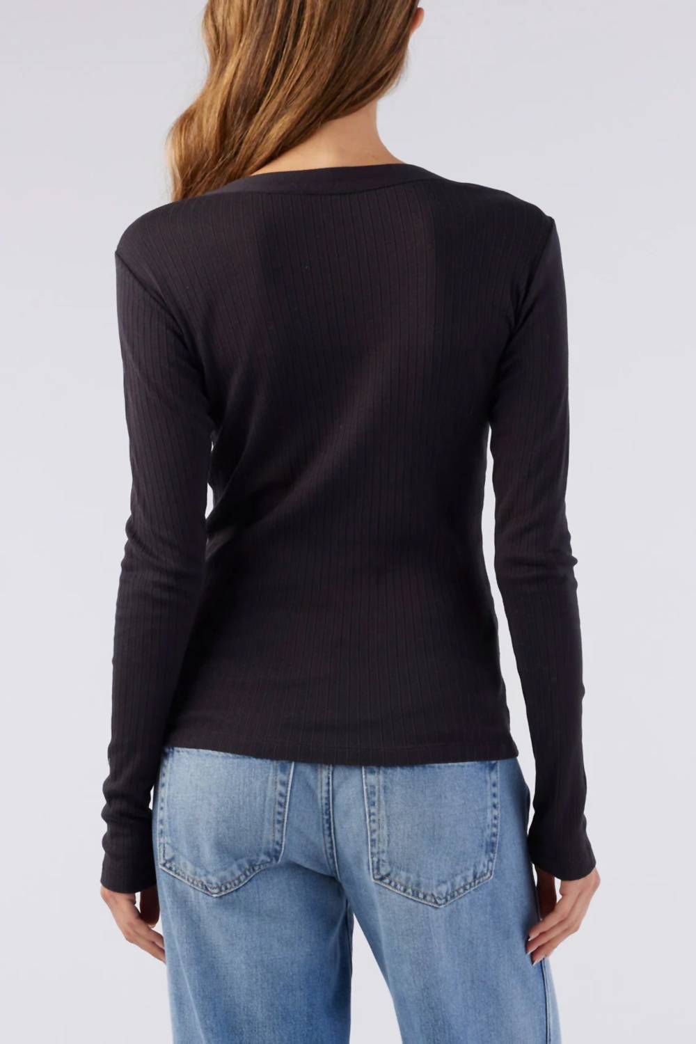 AMO Women's Sweets Henley Long Sleeve Tee in vintage black - women's long sleeve top - detail view