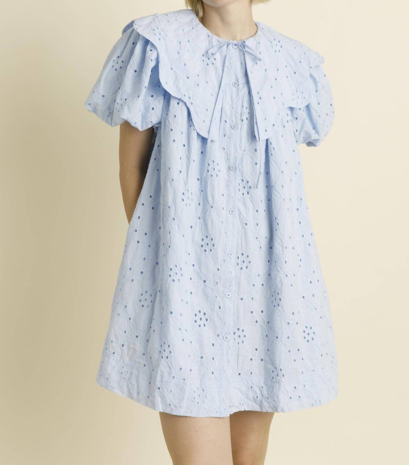 Aureum - White Cotton Eyelet Scallop Collar Dress
