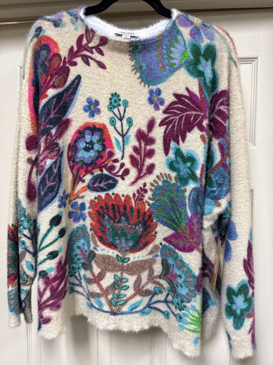 Tru Luxe - Botanical Print Eyelash Funnel Neck Long Sleeve Sweater