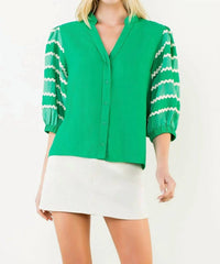 Thml - Embroidery Detail Puff Sleeve Button Down Top