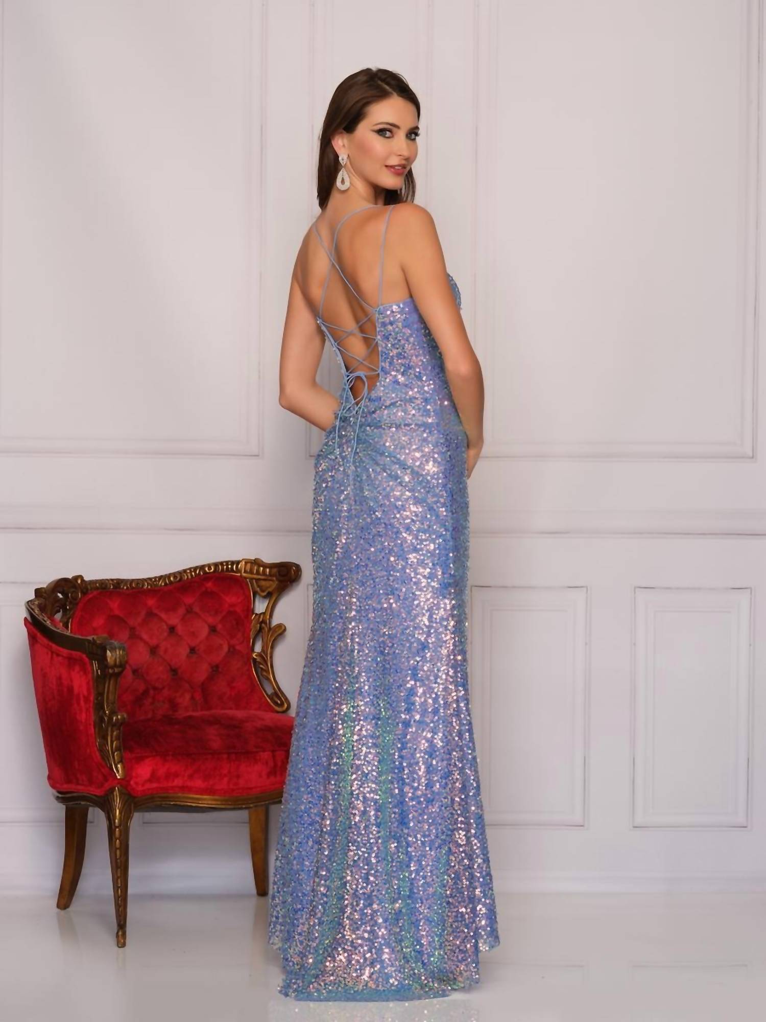 Dave & Johnny Long Sequin Prom Dress in ice blue - women's dress - alternate view