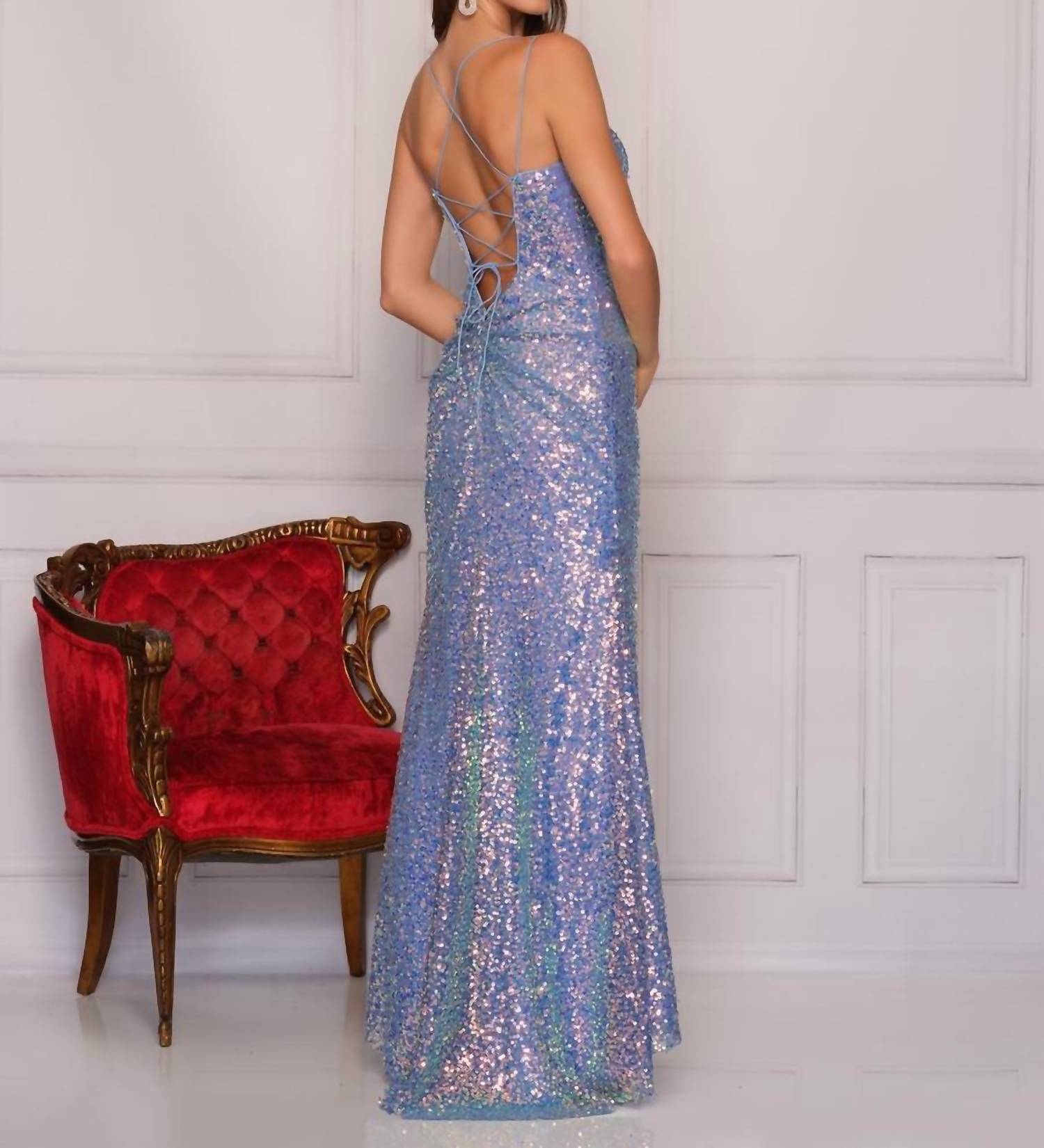 Dave & Johnny Long Sequin Prom Dress in ice blue - women's dress - detail view