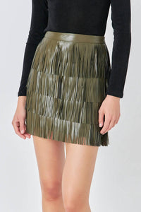 endless rose Leather Fringe Mini Skirt in olive - women's skirt