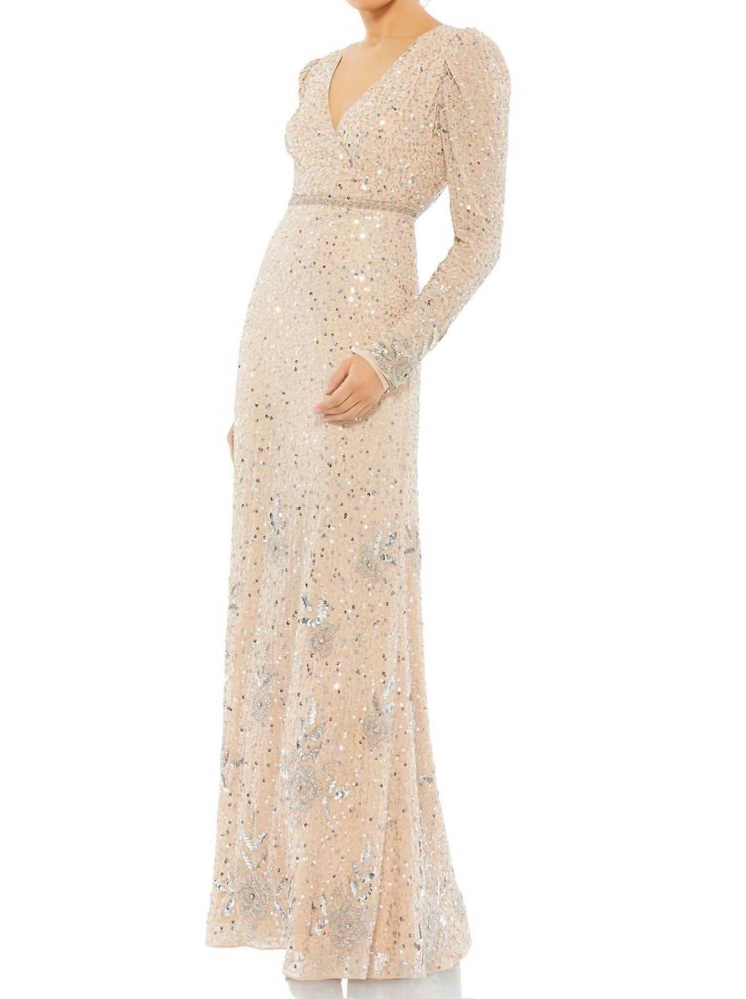 Mac Duggal - Sequined Floral Embellished Long Sleeve Gown