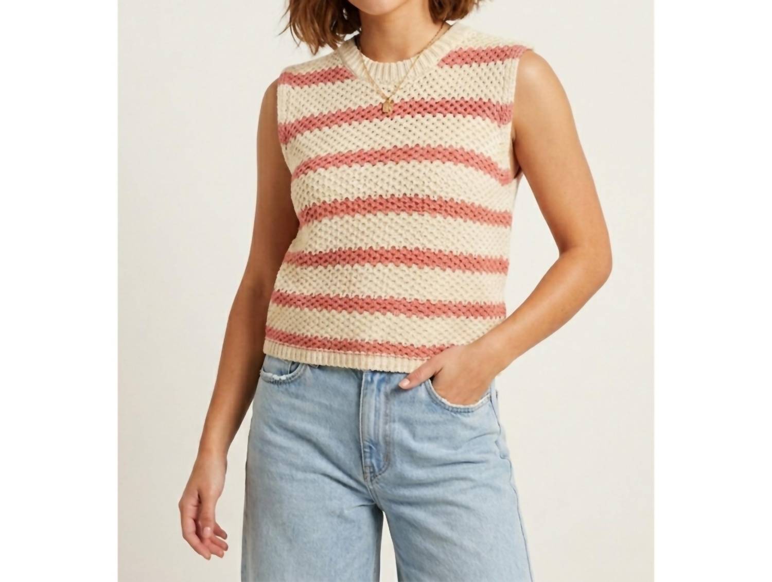 LA MIEL Coastal Open Knit Sweater Vest in cream coral pink - women's jacket