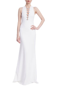 Badgley Mischka - Women's Embellished Broaches Deep V Neck Silhouette Gown
