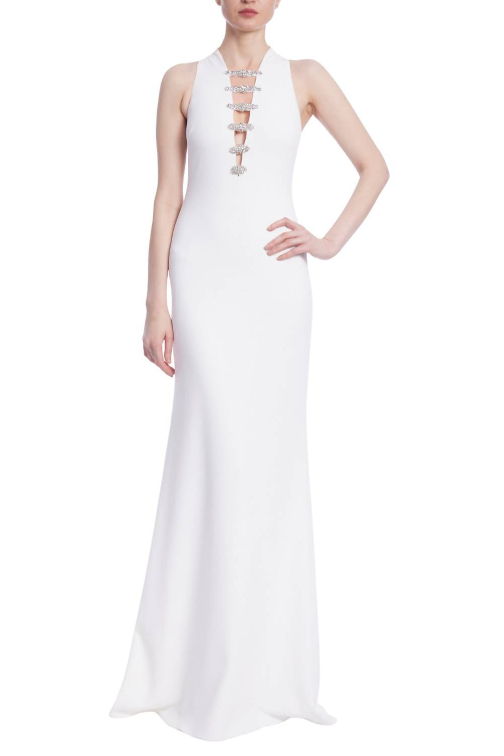 Badgley Mischka - Women's Embellished Broaches Deep V Neck Silhouette Gown