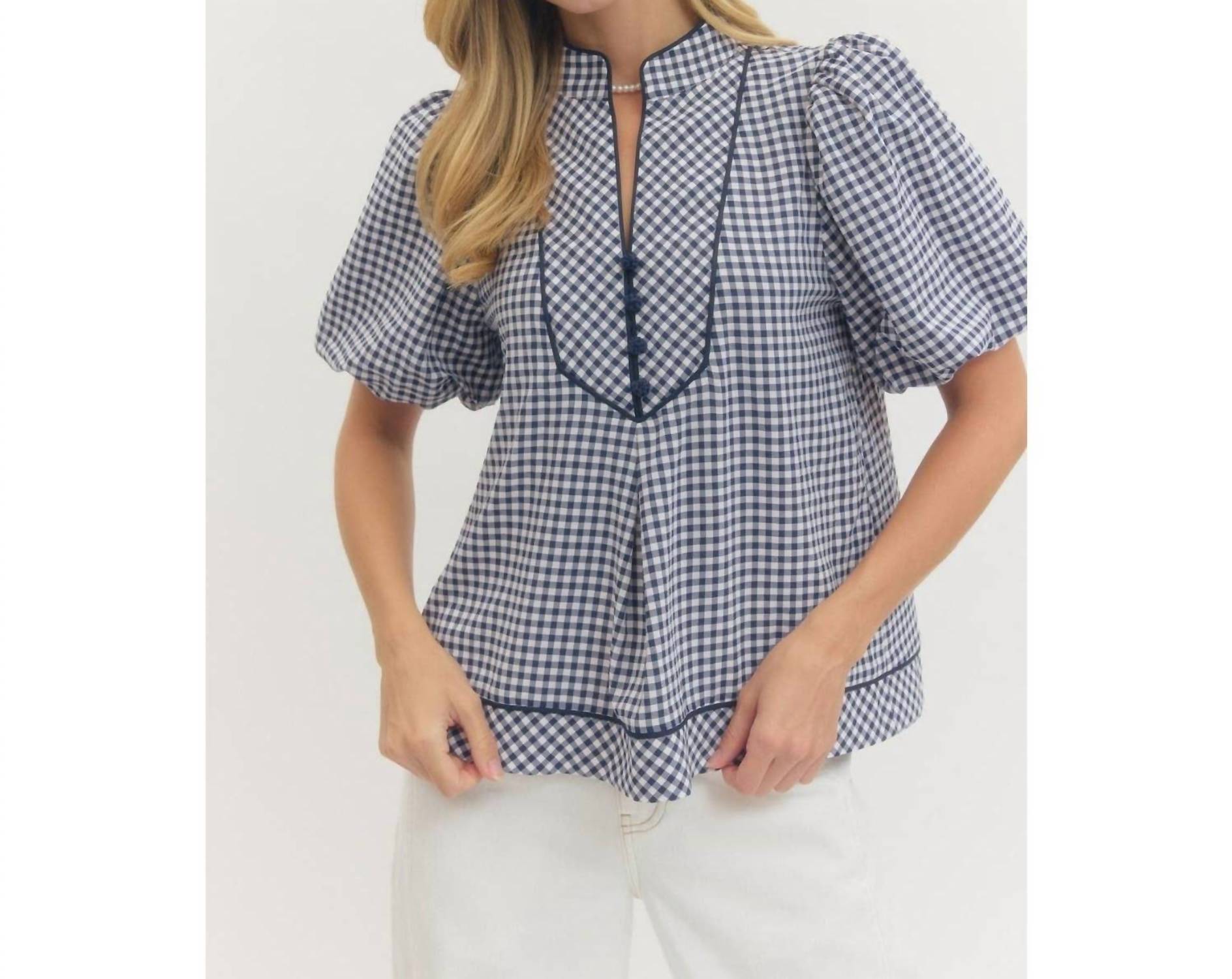 Style Usa - Cambridge Gingham Puff Sleeve Blouse