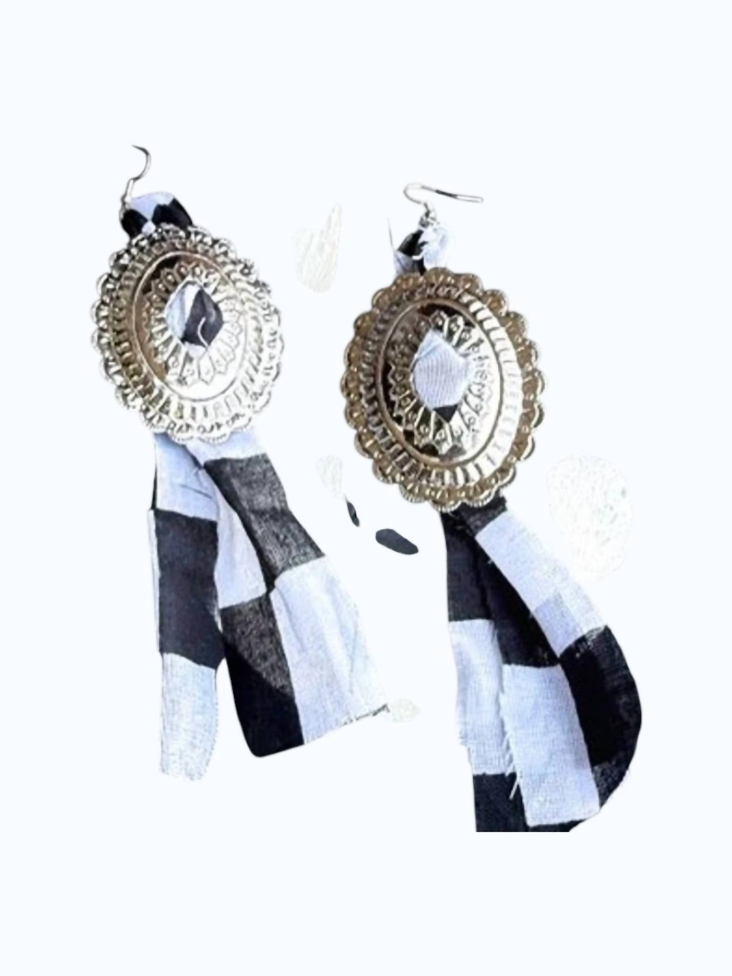 Rowdy Crowd Women's Checkered Concho Bandana Dangle Earrings in black white - women's jewelry