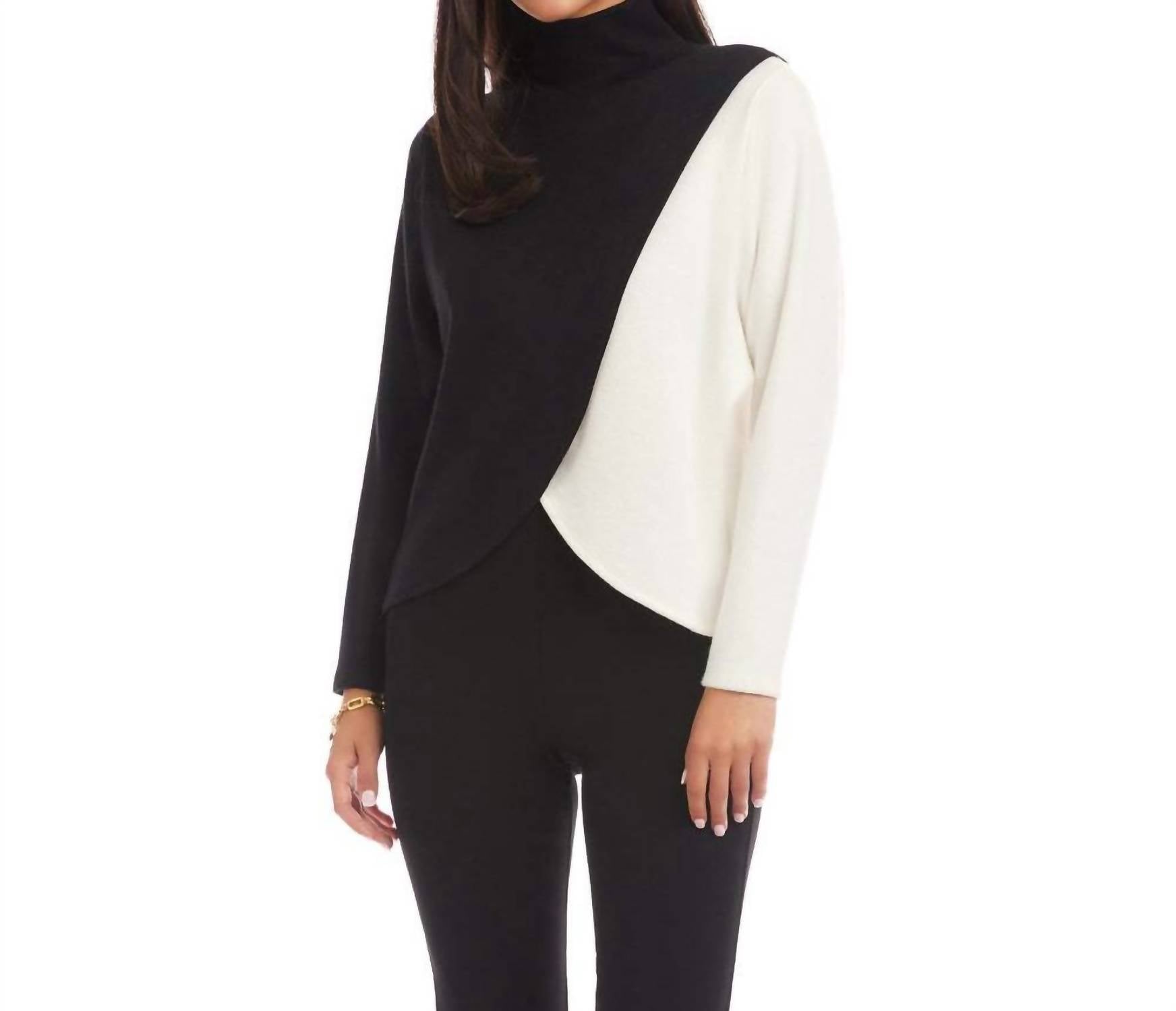 Karen Kane Long Sleeve Crossover Colorblock Top in black with ivory - women's blouse - alternate view