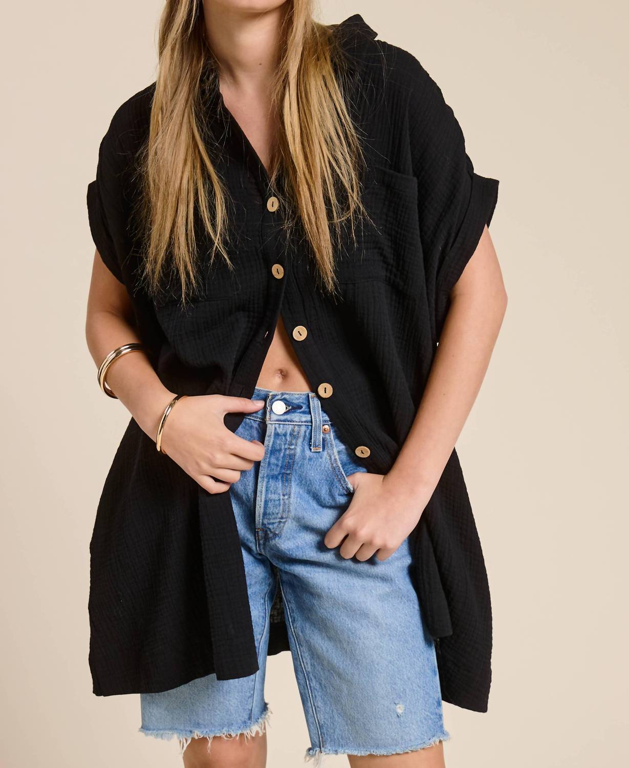 Mimosa Cotton Gauze Button Down Shirt Dress in black - women's shirt - view 5