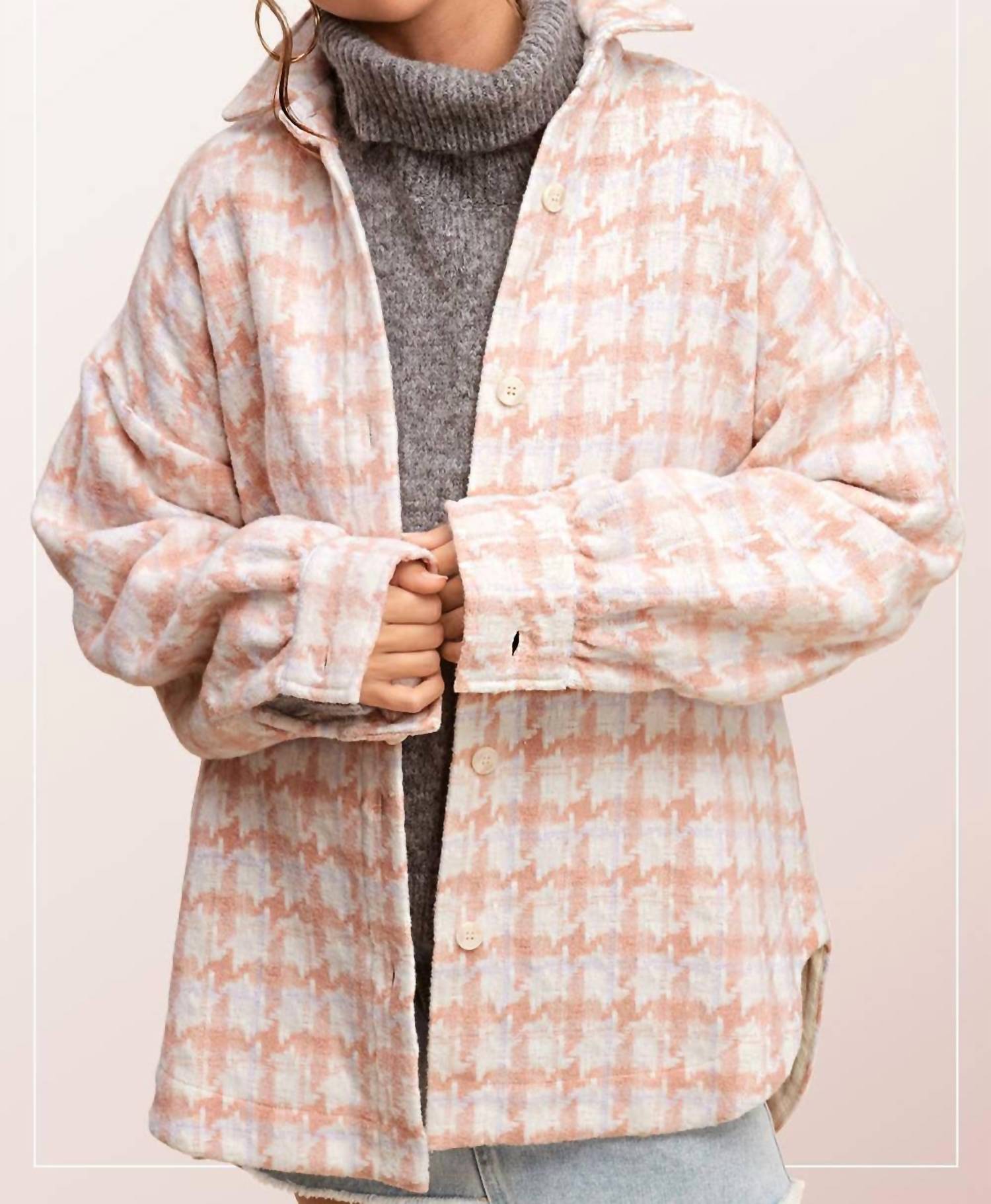 La Miel - Oversized Houndstooth Patterned Soft Brushed Shacket