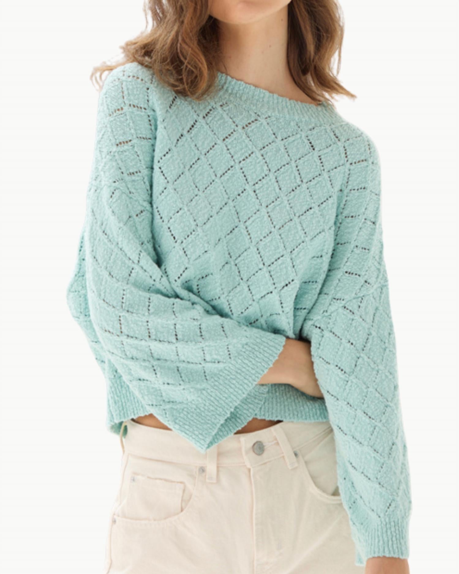Autumn Cashmere - Diamond Stitch Boxy Bracelet Sleeve Crew Neck Sweater