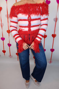 Act Pretty - Off Shoulder Striped Shaggy Fringed Cardigan