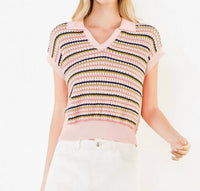 THML Open Knit Collard Sweater Top in pink - women's blouse