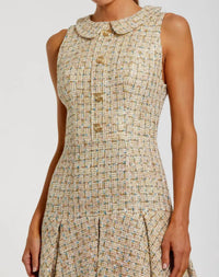MAC DUGGAL Sleeveless Boucle With Pleats Style Mini Dress in gold - women's dress - alternate view