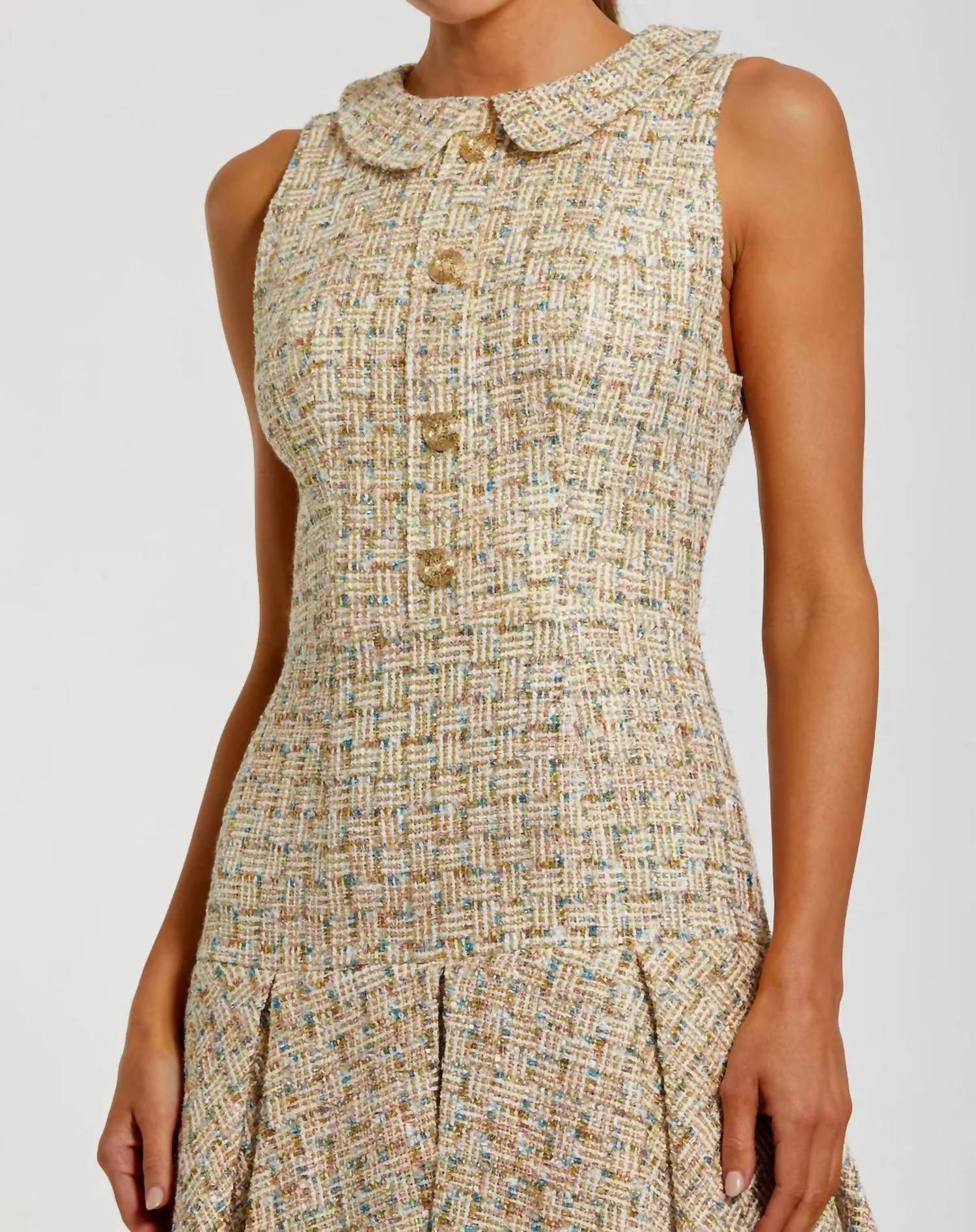 MAC DUGGAL Sleeveless Boucle With Pleats Style Mini Dress in gold - women's dress - alternate view