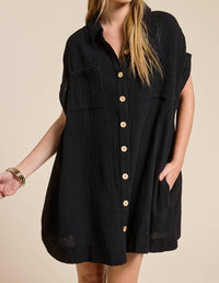 Mimosa Cotton Gauze Button Down Shirt Dress in black - women's shirt - detail view