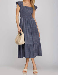 She + Sky - Ruffle Strap Check Smocked Midi Dress