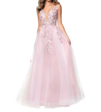 Blush Prom - Beaded Lace Appliqued Tulle Deep V-neck Gown