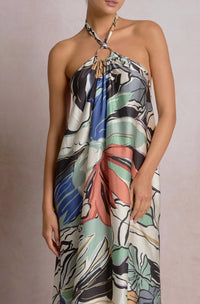 ELAN Botanical Halter Maxi Dress in blue floral - women's dress - detail view