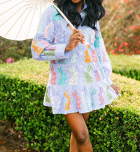 QUEEN OF SPARKLES Striped Multi Easter Bunny Button Up Cotton Dress in blue white - women's dress - view 5