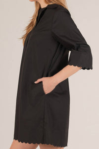 Before You Collection Tamara Poplin Scalloped Hem Shirt Mini Dress in black - women's dress - detail view