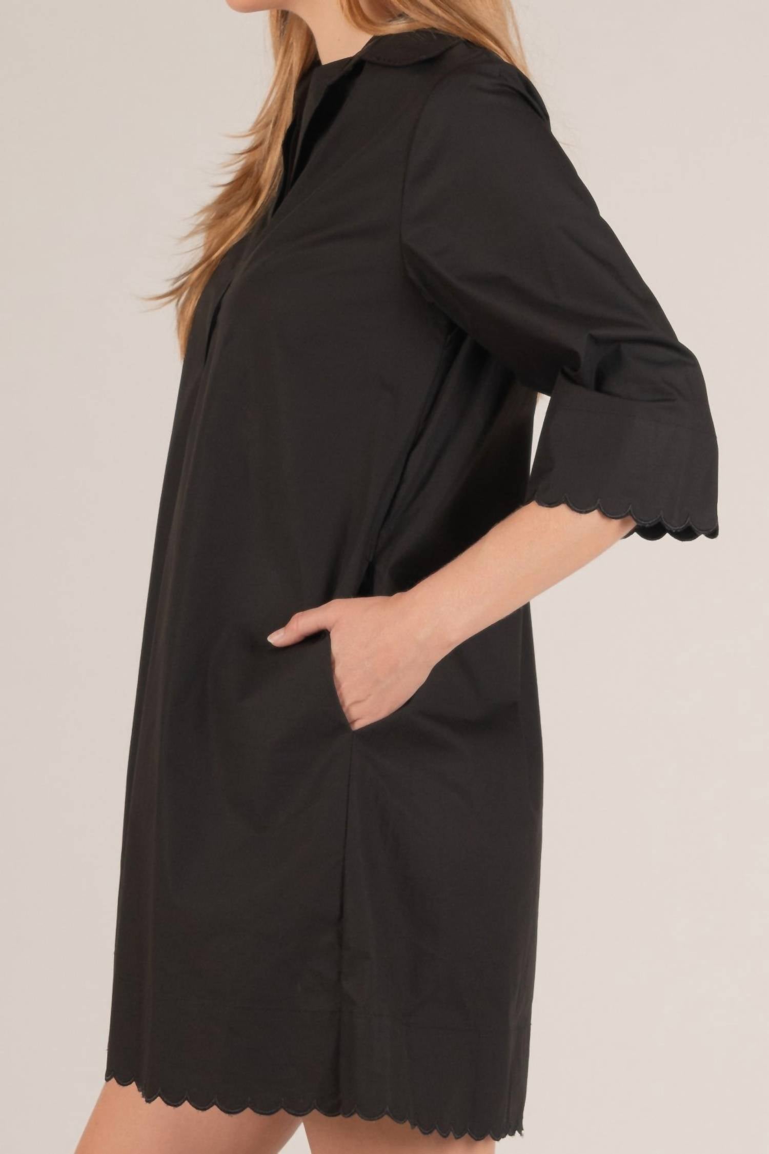 Before You Collection Tamara Poplin Scalloped Hem Shirt Mini Dress in black - women's dress - detail view
