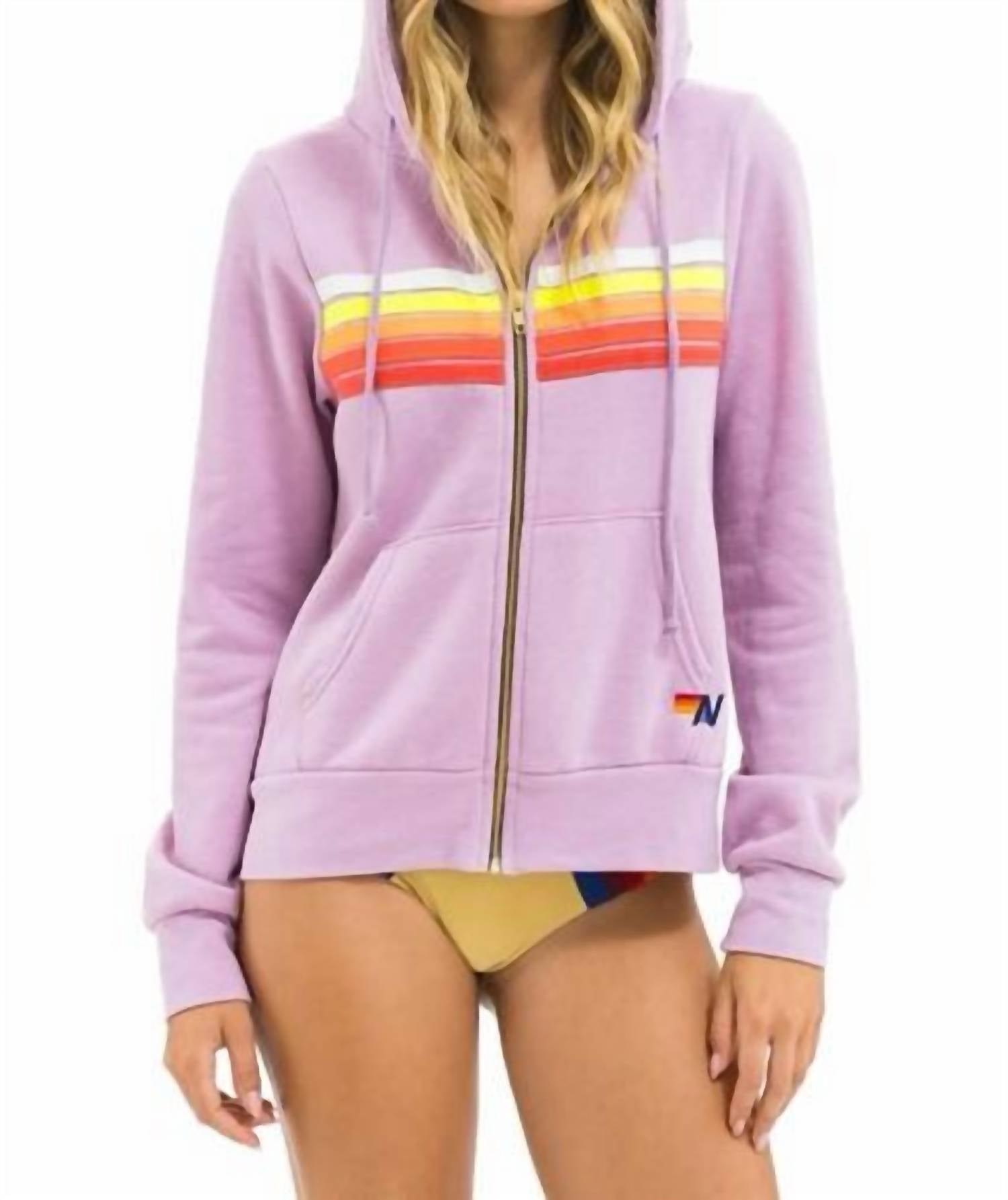 AVIATOR NATION Five Stripe Zip Hoodie in mauve white neon - women's top